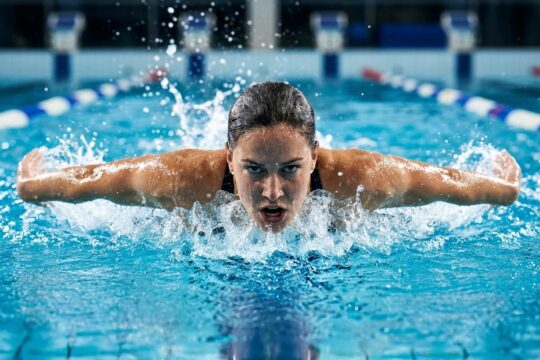 Dominika Kralka Schwimmen: Sie taucht kraftvoll nach Schmetterlingszug aus dem Wasser. Entschlossenes Gesicht, dynamisches Spritzwasser. Unscharfes Wettkampfbecken.