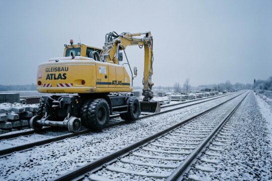 Tiefer Schnee und Eis bedecken die Gleise, ein ungenutzter gelber Bagger symbolisiert den Stillstand der Sanierung Bahnstrecke Hamburg-Berlin im kalten Winter.