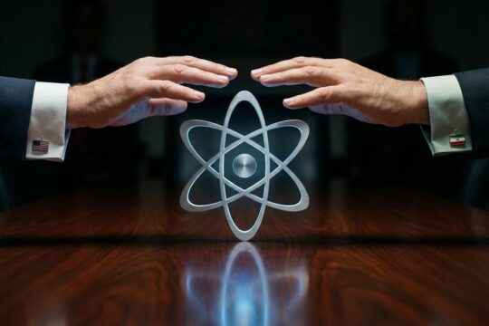 Zwei Hände schweben knapp über einem leuchtenden Atommodell auf dunklem Tisch. Sie symbolisieren die angespannten Atomgespräche USA Iran und die Distanz der Verhandlungspartner.