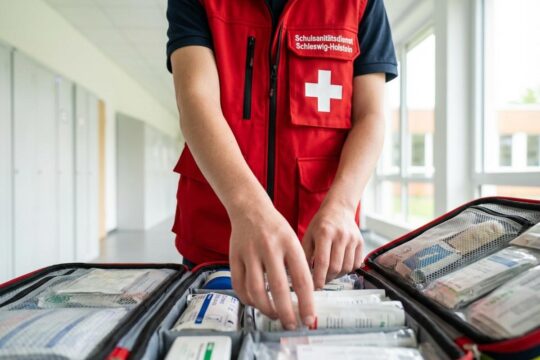 Hände eines Schülers in roter Weste des Schulsanitätsdienstes Schleswig-Holstein greifen im Schulflur in einen Erste-Hilfe-Koffer.