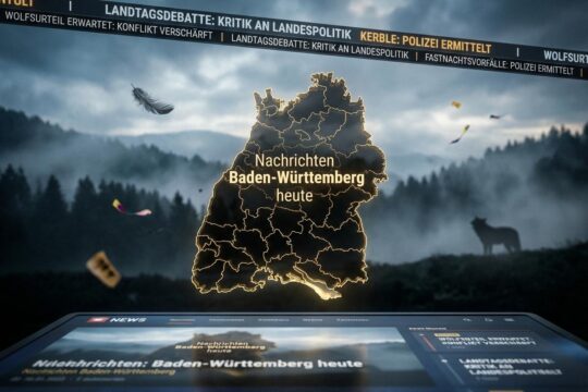 Detaillierte 3D-Karte Baden-Württembergs mit News-Ticker zu Wolfsurteil und Fastnacht, vor nebliger Schwarzwald-Landschaft. Aktuelle Nachrichten Baden-Württemberg heute.