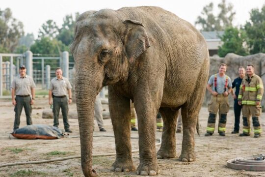 Die alte Elefantenkuh Lilak steht nach der geglückten Elefantenrettung im Opel-Zoo wieder auf kräftigen Beinen, umringt von erleichterten Helfern.