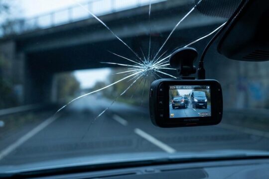 Moderne Dashcam an Windschutzscheibe mit Bruchstelle zeigt kritische Unfallszene. Ein Zeitstempel belegt die Dashcam als Beweismittel.