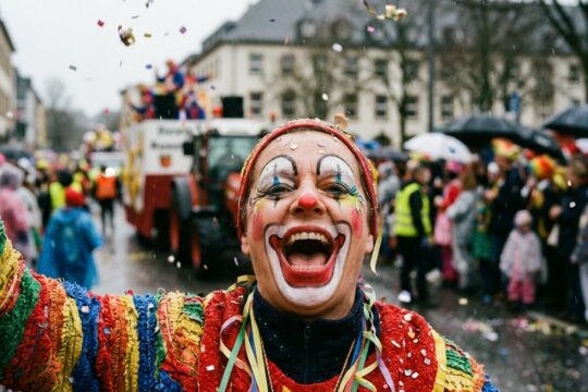Jubelnder, bunt geschminkter Faasebooze feiert ausgelassen bei den Rosenmontagsumzügen Saarland. Regentropfen glänzen, im Hintergrund Festwagen und Narren.