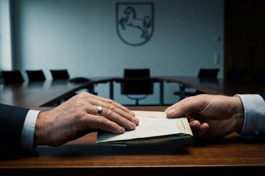 Eine formelle Hand schiebt diskret einen Umschlag zu einer anderen auf einem Schreibtisch im politischen Büro. Dies illustriert die Vetternwirtschaft AfD Niedersachsen.