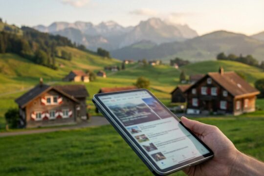 Eine Hand hält ein Tablet mit einem Newsfeed, der die neuesten Nachrichten Appenzellerland anzeigt, vor einer malerischen Hügellandschaft.