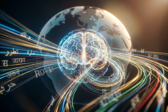 Eine leuchtende KI-Struktur strahlt farbige Lichtströme aus, die fließende Weltsprachen zeigen. Dies visualisiert ein globales mehrsprachiges KI Modell.