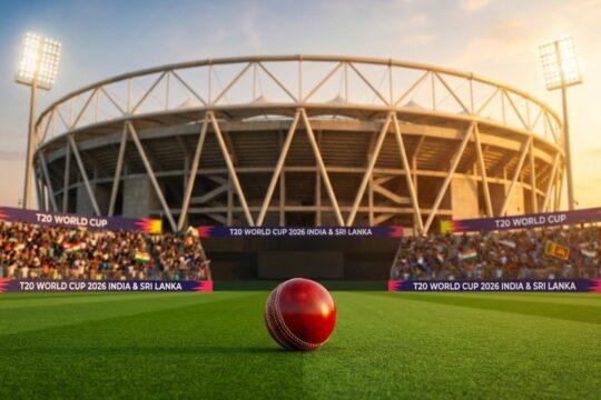 Ein glänzender roter Cricketball liegt auf makellosem Pitch eines riesigen Stadions, bereit für die Cricket T20 WM 2026. Flutlichter leuchten, gefüllte Ränge warten.