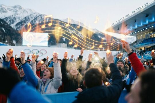 Begeisterte Fans bei den Winterspielen halten Lichter, während die Sarà perchè ti amo Olympia Hymne ertönt. Noten schweben über dem Stadion.