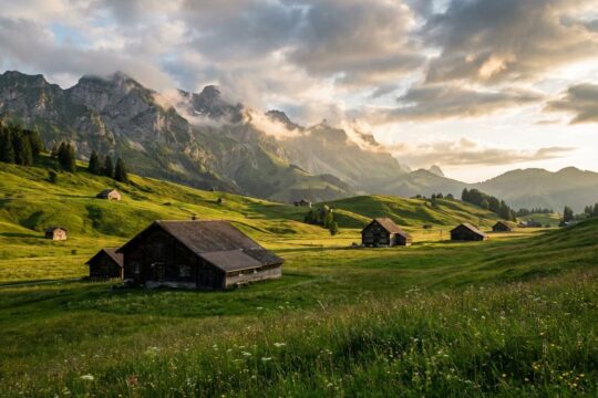 Goldenes Abendlicht auf Appenzeller Hügeln mit Bauernhäusern und dem Alpsteinmassiv, eine Kulisse für die vielfältigen Nachrichten Appenzellerland.