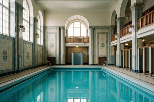 Das Hauptbecken der Yrjönkatu-Schwimmhalle Helsinki glänzt nach der Renovierung, umgeben von eleganter Architektur, hohen Fliesenwänden und Bogenfenstern.