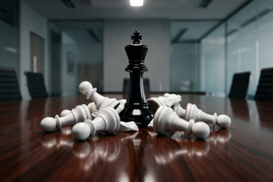 Eine dominante schwarze Schachfigur thront auf einem Stapel zerbrochener Bauern. Ihre bedrohlichen Schatten zeigen die toxische Chefs Karriere und ihren Aufstieg.