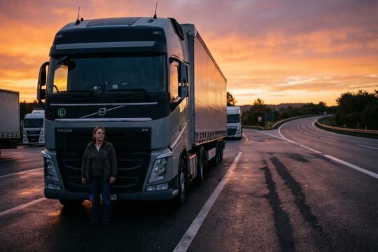 Lkw-Fahrerin Sandra steht nachdenklich bei Dämmerung vor ihrem Truck. Ihr Blick symbolisiert: Manchmal muss man sich entscheiden Domenico Müllensiefen.