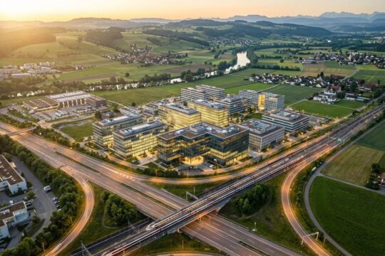 Luftaufnahme des Wirtschaftsstandorts Kanton Freiburg im Morgenlicht. Moderne Bürogebäude, exzellente Verkehrswege und grüne Hügel.
