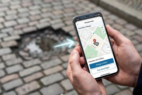 Hände nutzen ein Smartphone mit einer App für digitale Mängelmelder, um ein Schlagloch auf einer Straße auf der Karte zu melden.