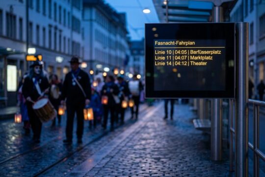 Digitale Anzeigetafel an Basler Tramhaltestelle zeigt detaillierten Fahrplan Basler Fasnacht zur Morgendämmerung. Im Hintergrund Fasnächtler mit Laternen.