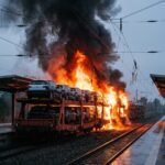Dramatischer Brand Autozug Magdeburg: Hohe Flammen schlagen aus Neuwagen eines Güterzugs; dichter Rauch verdeckt die beschädigte Oberleitung.