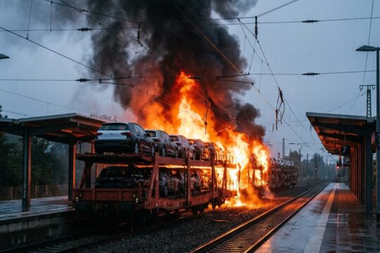 Dramatischer Brand Autozug Magdeburg: Hohe Flammen schlagen aus Neuwagen eines Güterzugs; dichter Rauch verdeckt die beschädigte Oberleitung.