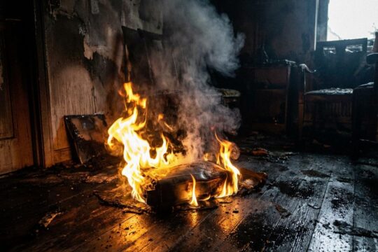 Ein brennender E-Bike Akku auf verkohltem Holzfußboden mit Flammen und Rauch. Brandschäden im Wohnzimmer zeigen einen Wohnhausbrand durch E-Bike Akku.