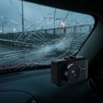 Eine moderne Dashcam filmt den Angriff auf das Auto durch eine stark zersplitterte Windschutzscheibe mit spinnennetzartigen Rissen.