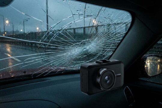 Eine moderne Dashcam filmt den Angriff auf das Auto durch eine stark zersplitterte Windschutzscheibe mit spinnennetzartigen Rissen.