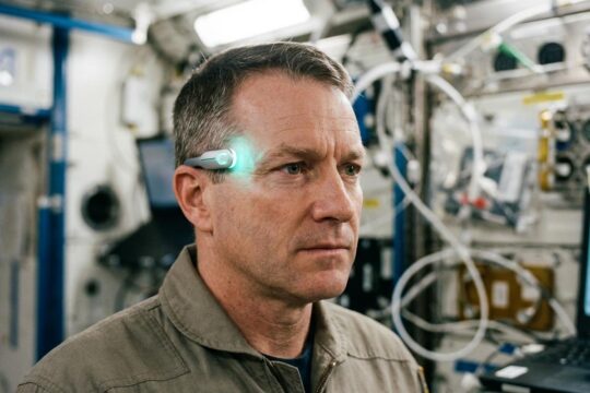 Ein Astronaut in der ISS trägt ein futuristisches Sensorgerät, um das Stresslevel Astronauten zu messen und ihre Belastung im All zu überwachen.