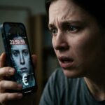 Entsetzte Person blickt auf Smartphone. Darauf ihr verzerrtes Deepfake-Gesicht mit Geldsymbol – eine Szene der Deepfake Erpressung.