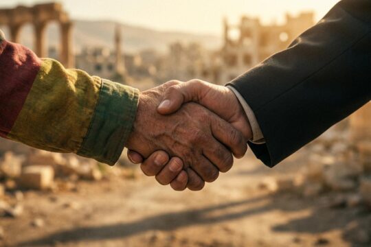 Fester Händedruck besiegelt die Einigung Syrien Kurden. Eine Hand im Anzug und eine raue Hand vor sonniger, staubiger syrischer Landschaft.