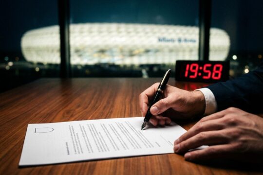 Hand unterschreibt Vertrag mit Füllfederhalter. Bundesliga-Stadion im Hintergrund, Uhr auf 19:58 Uhr. Spannung am Bundesliga Transfers Deadline Day.