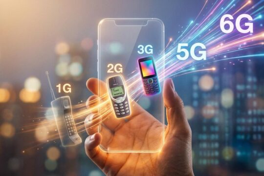 Eine Hand hält ein Smartphone, das die Geschichte der Mobilfunknetze von 1G-Autotelefonen über 2G-Tastenhandys bis zu leuchtenden 5G/6G-Datenströmen darstellt.