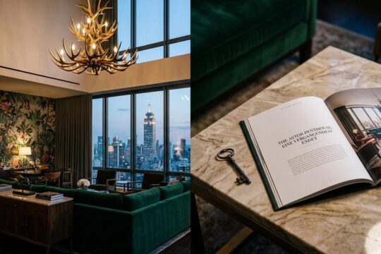 Luxuriöses New Yorker Penthouse-Interieur bei Dämmerung mit Skyline-Blick. Ein Exposé auf dem Tisch symbolisiert den bevorstehenden Cara Delevingne Penthouse Verkauf.