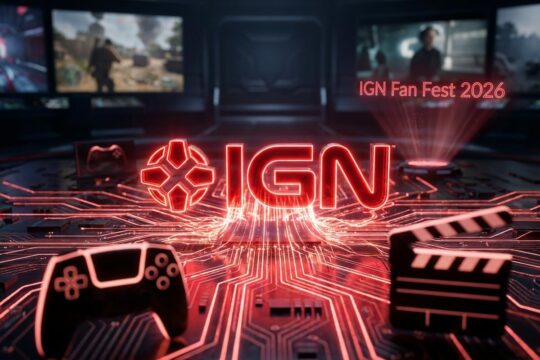 Rotes, leuchtendes IGN-Logo aus Digitalstrom, flankiert von Controller und Klappe. IGN Fan Fest 2026 als Hologramm in futuristischer Kulisse.