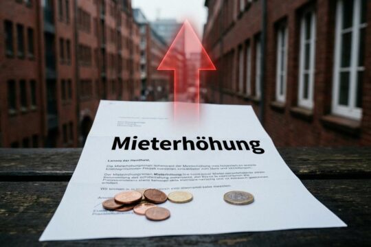 Offizielles Schreiben zur Mieterhöhung Hamburg, daneben Münzen und roter Aufwärtspfeil auf Holz vor unscharfer Backsteinarchitektur.