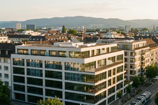 Moderner Wohnungsbau Nauenstrasse Basel: Ein anspruchsvolles Gebäude mit grossen Glasfronten spiegelt den Himmel über Basels Dächern im warmen Licht.