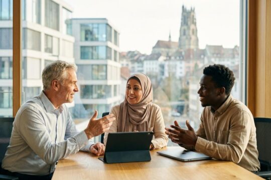 Drei diverse Personen besprechen sich in einem modernen Büro mit Blick auf die Stadt Freiburg. Sie symbolisieren die Dynamik und Chancen auf dem Arbeitsmarkt Kanton Freiburg.