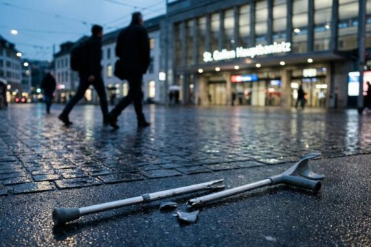 Auf nassem Asphalt liegt eine zerbrochene Krücke vor dem beleuchteten Bahnhof St. Gallen, ein stummer Zeuge des Angriffs am Bahnhof St. Gallen.