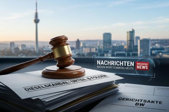Ein glänzendes Gavel auf Dokumenten und der Stuttgarter Fernsehturm für die Nachrichten Baden-Württemberg heute. Es geht um den Dieselskandal.