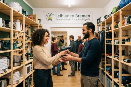 Im Leihladen Bremen übergeben sich zwei lächelnde Personen einen Gegenstand. Regale voller Werkzeuge und Geräte im Hintergrund zeigen die Vielfalt.