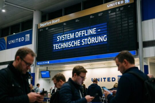 Eine große digitale Anzeigetafel von United Airlines zeigt eine Fehlermeldung wie "SYSTEM OFFLINE". Passagiere blicken besorgt wegen des United Airlines Systemausfalls.
