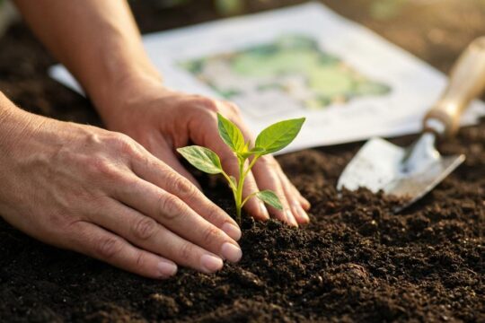 Professionelle Hände pflanzen einen zarten grünen Setzling in dunkle Erde. Dieses Bild symbolisiert den erfolgreichen Start, wenn Sie Ihr Gartenbau-Unternehmen gründen.