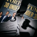 Eine gerissene Forbes '30 Under 30'-Titelseite enthüllt undeutliche gerichtliche Dokumente und Handschellen – der Forbes 30 Under 30 Betrug wird sichtbar.