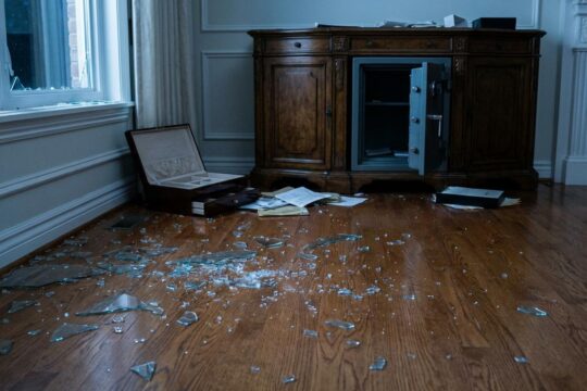 Zerbrochenes Fensterglas auf edlem Hartholzboden, ein umgeworfener, leerer Schmuckkasten im Hintergrund. Eine nach dem Gina Torres Einbruch durchwühlte Szene.