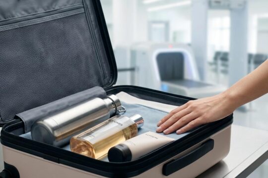 Ein offener Handgepäckkoffer zeigt normalgroße Flüssigkeiten ohne Beutel am modernen Flughafen. Eine entspannte Hand verdeutlicht die Flüssigkeiten Handgepäck neue Regeln.