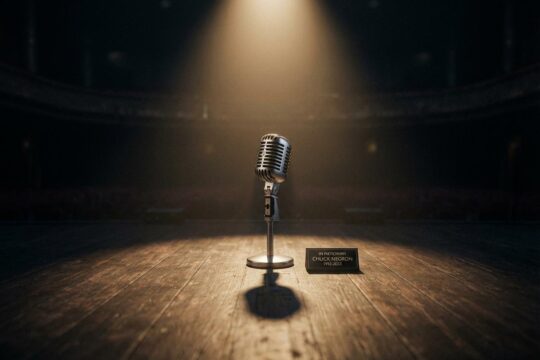 Eine leere, dunkel beleuchtete Konzertbühne mit einem ikonischen Silbermikrofon im warmen Spotlicht, das die Abwesenheit nach Chuck Negrons Tod markiert.