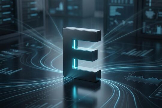 Das leuchtende E-Logo des Epic Games Stores auf digitaler Oberfläche mit wachstumszeigenden Graphen symbolisiert die Epic Games Store Strategie zur Marktexpansion.