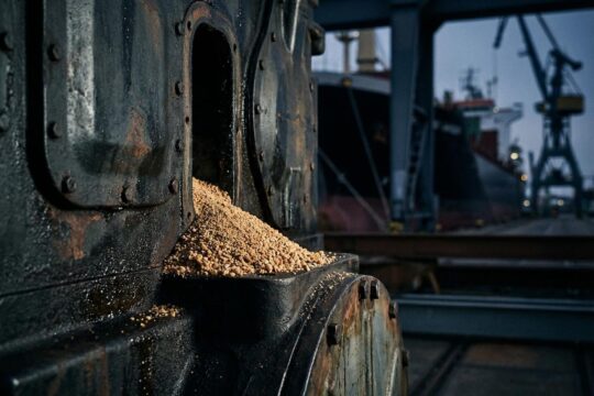 Nahaufnahme: Heller Strahlkies als Fremdkörper in einem dunklen Schiffsmotorblock, Indiz für Sabotage im Hamburger Hafen, Werft im Hintergrund.